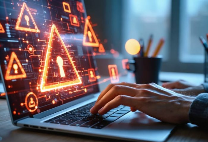 Person at a laptop with glowing red warning and padlock icons, highlighting cybersecurity risks in online payday loan applications, with a blurred home office in the background.