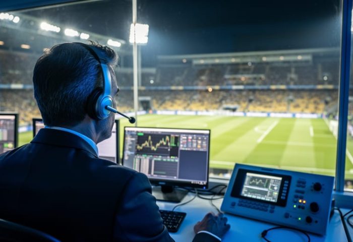 Sports integrity analyst in a press box wearing a headset, overlooking a floodlit Brazilian football stadium with the pitch, goal, and stands visible, monitors casting a soft glow, no logos or text.