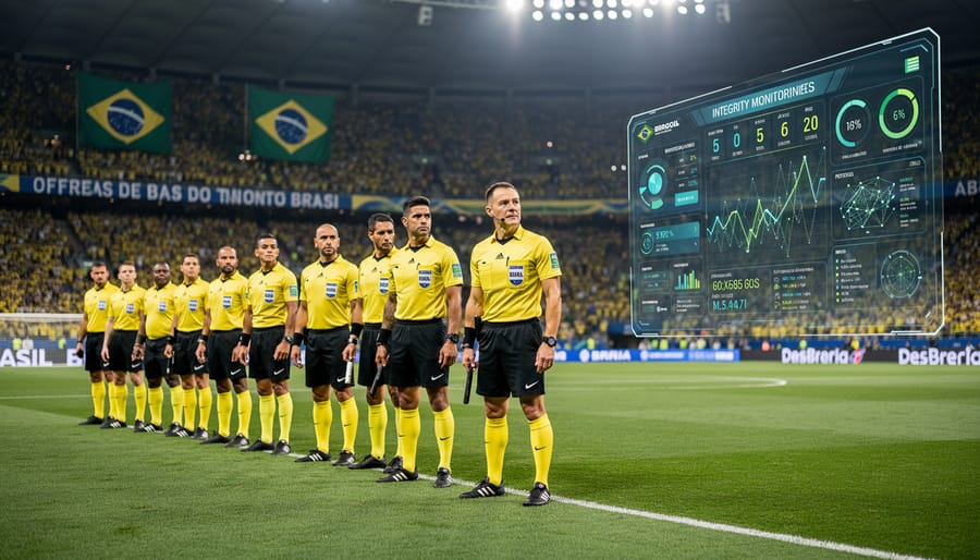 Football referee showing yellow card to players during Brazilian league match