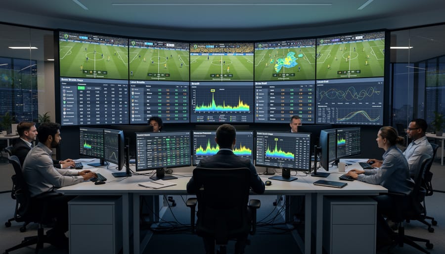 Security monitoring center with multiple screens displaying live sports data and match feeds