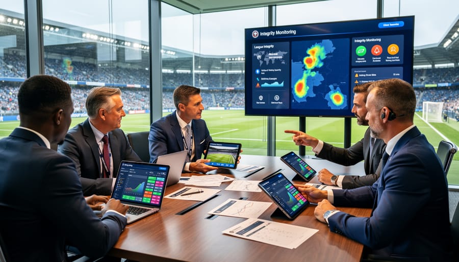 Business professionals meeting in conference room with football stadium visible in background