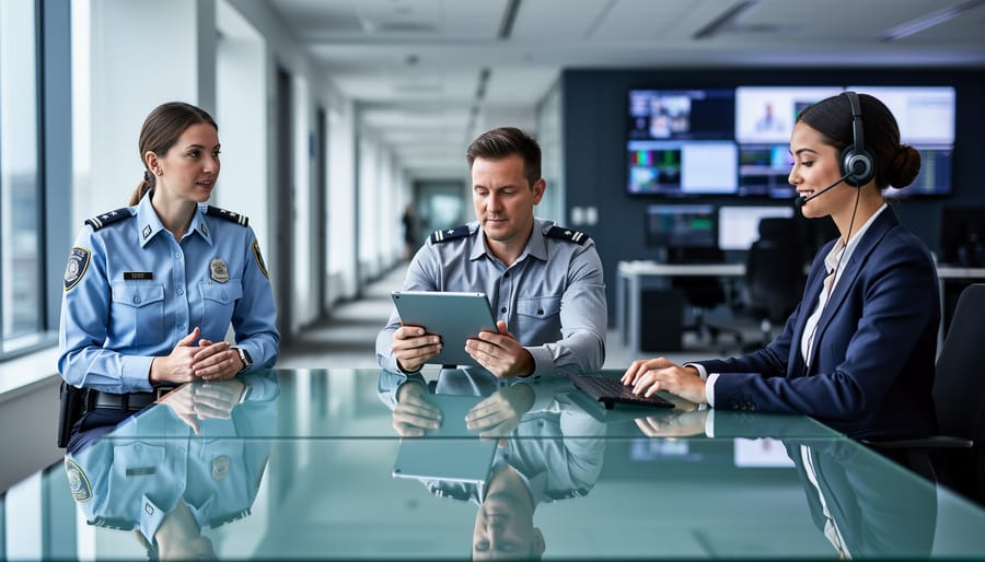 Modern workplace desk scene with a security officer, project manager using a tablet, and customer service agent wearing a headset, all working in a professional environment.