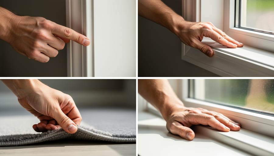 Gloved hand inspecting a doorway area with an inspection mirror