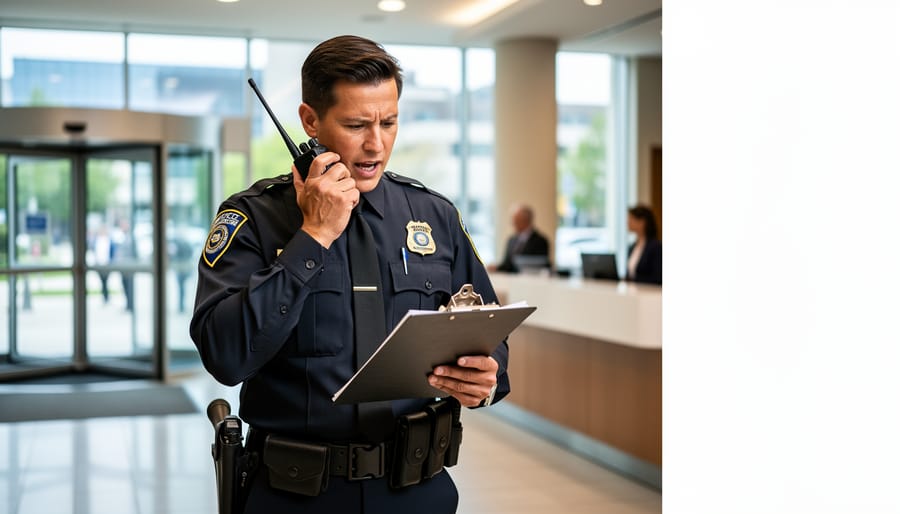 Security officer writing an incident report while speaking into a two-way radio