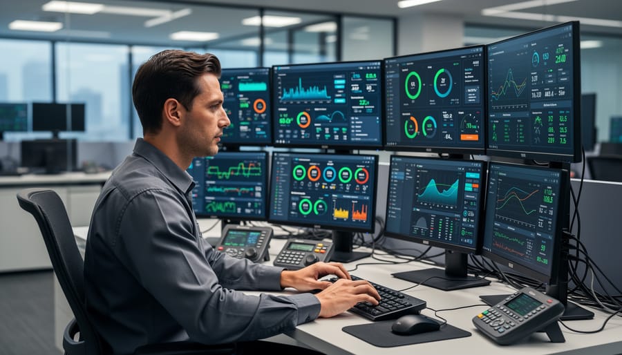 Security technician using monitoring equipment and keyboard in a control room