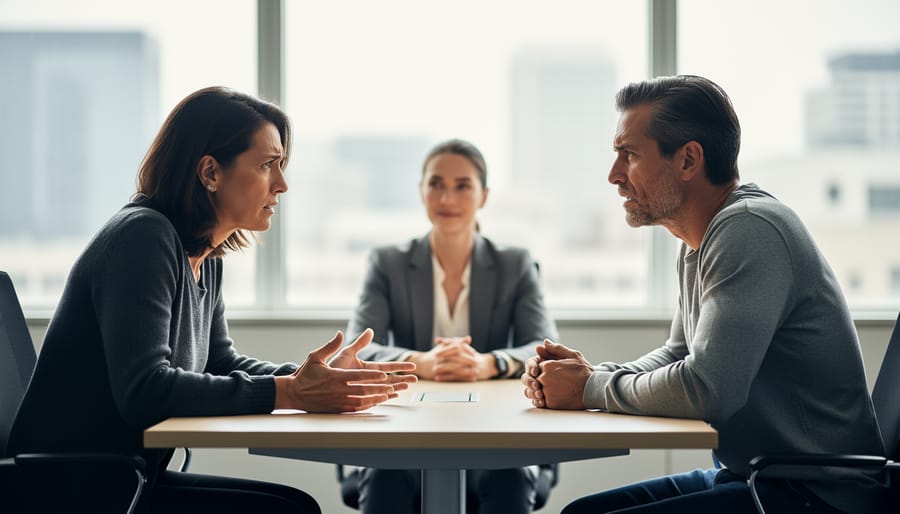 Two people using calm body language to resolve a disagreement