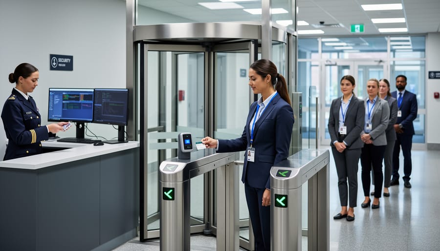 Uniformed security officer verifying a visitor at a secure facility entrance with controlled access equipment.