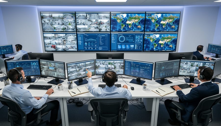 Security supervisor in a control room monitoring security systems with multiple monitors and headsets.