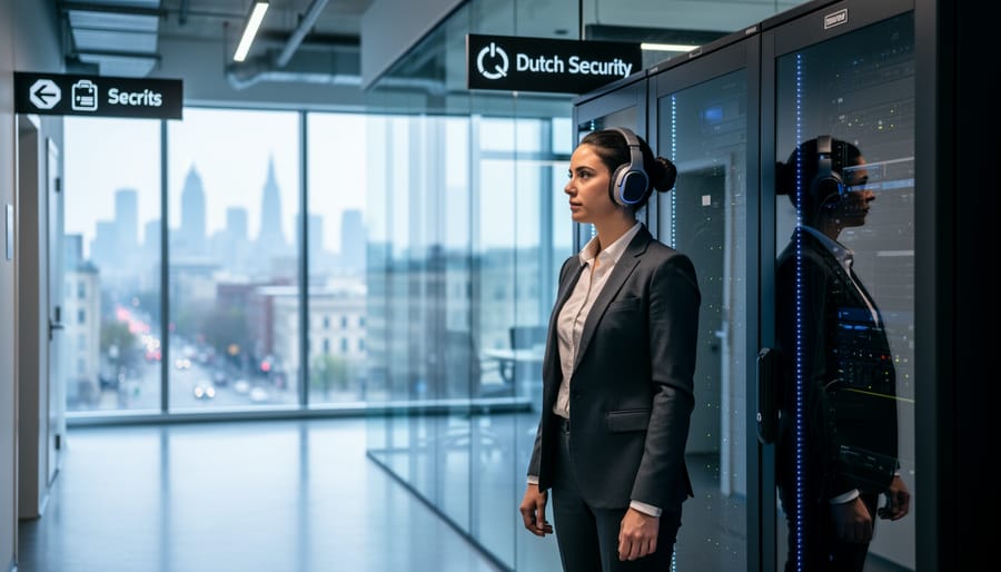 A cybersecurity analyst in a modern office near server equipment, with a Montreal skyline visible through large windows, representing 2026 career opportunities in technology and security.
