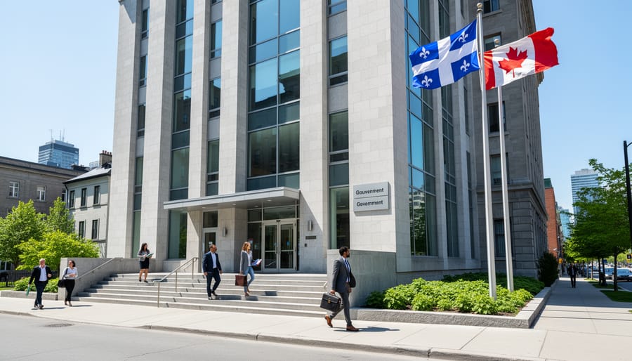 Wide view of a Montreal government-style building exterior at golden hour with people walking in the distance