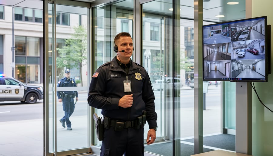 Security guard in uniform at night near a commercial building entrance holding a handheld radio