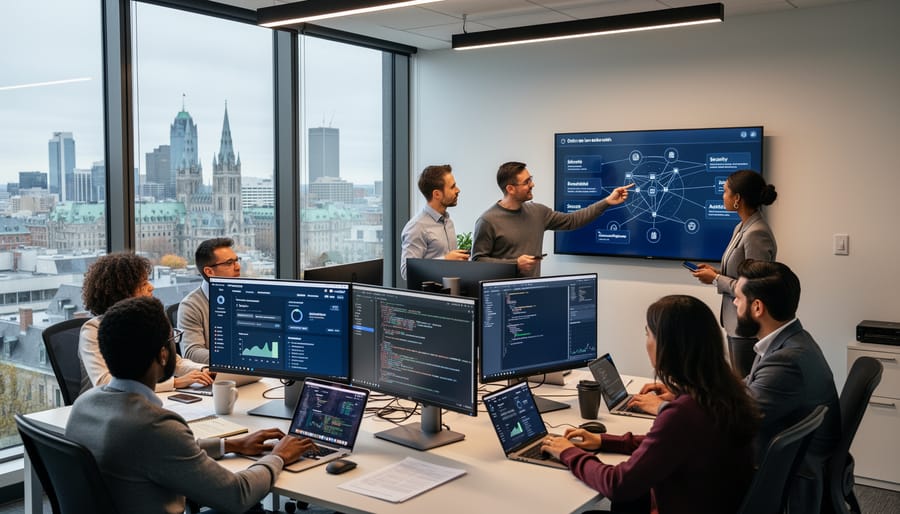 Professionals collaborating at a Montreal office desk with a laptop and printed documents, suggesting careers in technology and cybersecurity