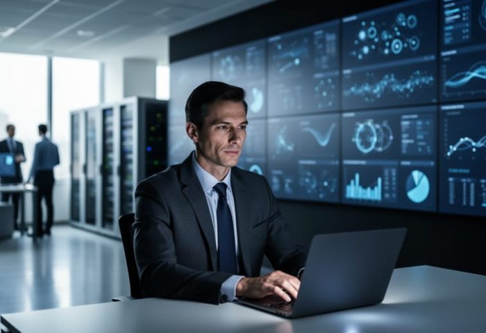 A security analyst in a modern workplace monitoring network activity to support responsible online access policies.