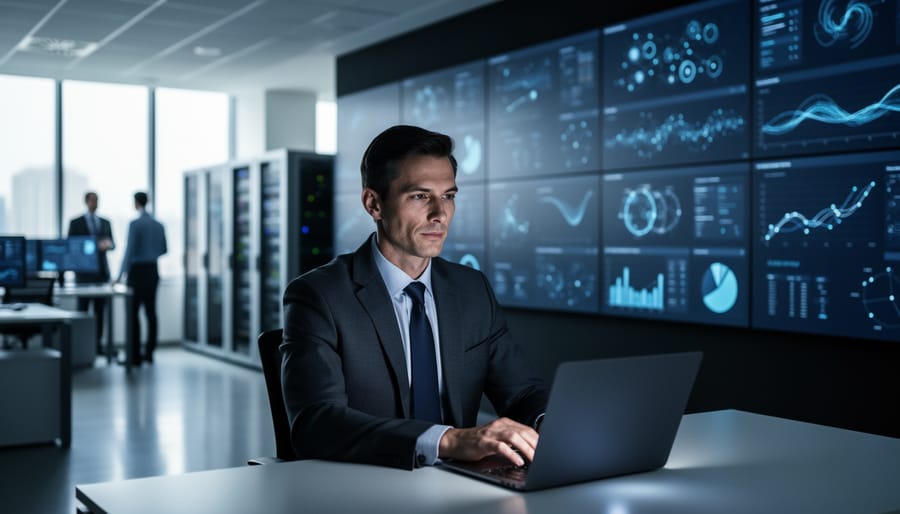 A security analyst in a modern workplace monitoring network activity to support responsible online access policies.
