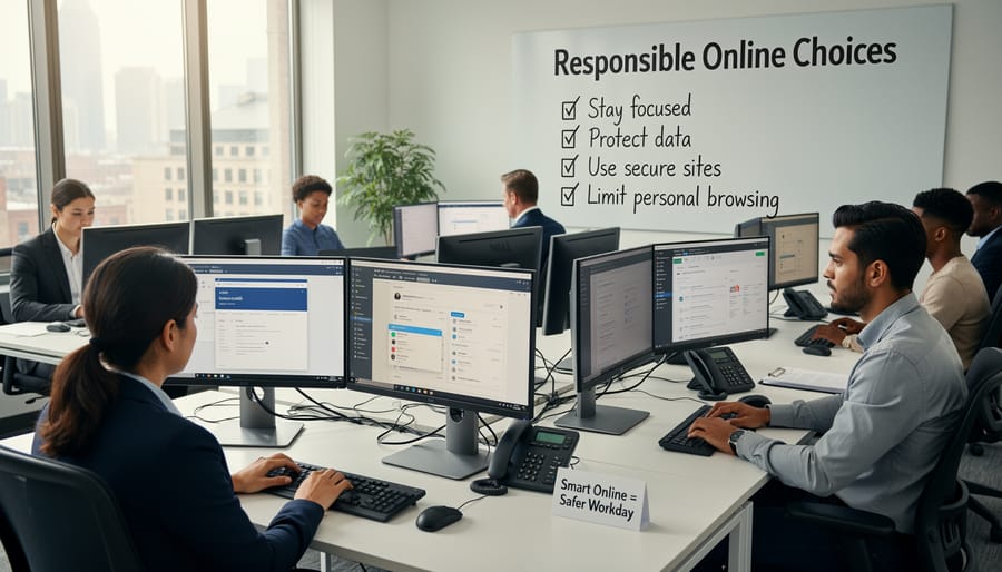 Office worker at a desk with a laptop and smartphone, emphasizing focused and responsible workplace behavior.