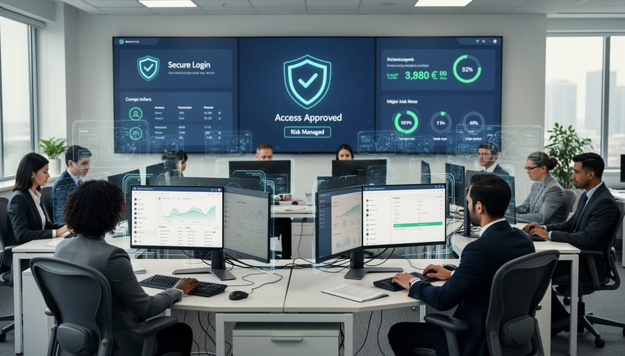 Security professional in an operations room with glowing monitoring equipment and server racks in the background.